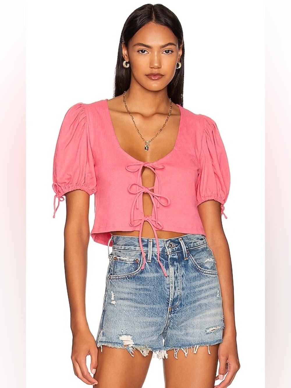Free People Rose Lace-Up Puff Sleeve Crop Top